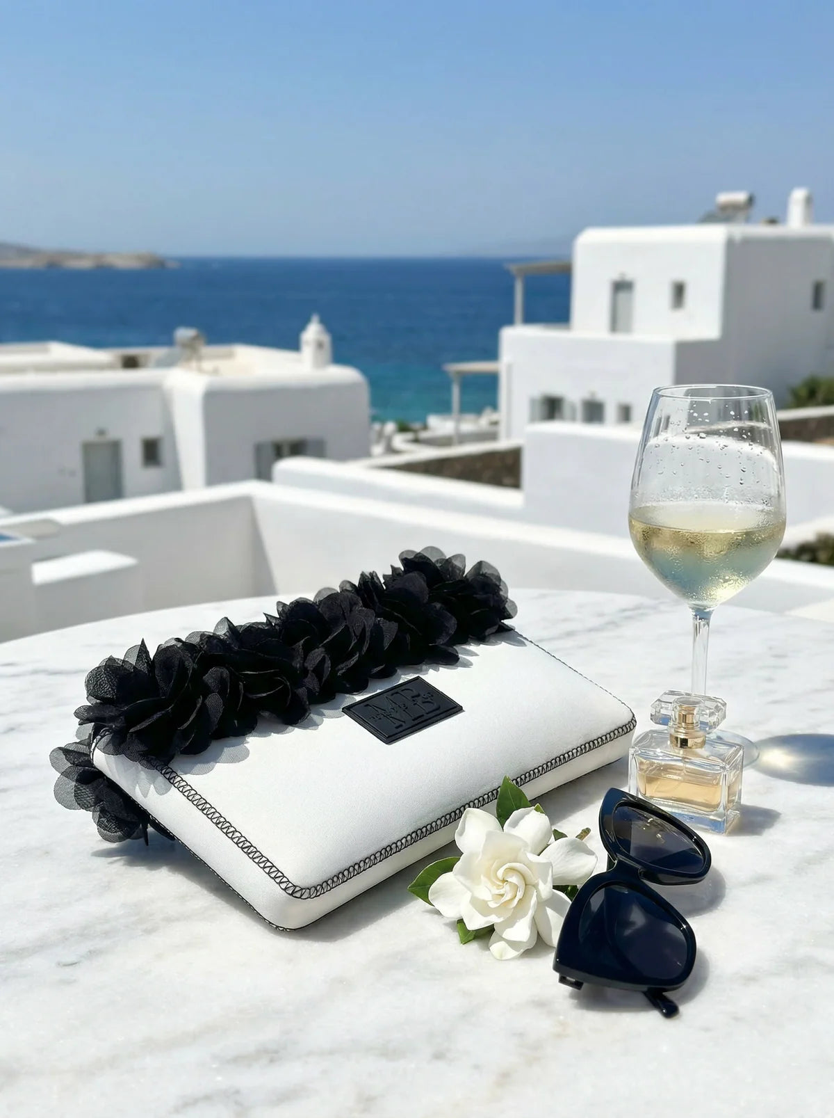 White Charm Neoprene Flower Clutch